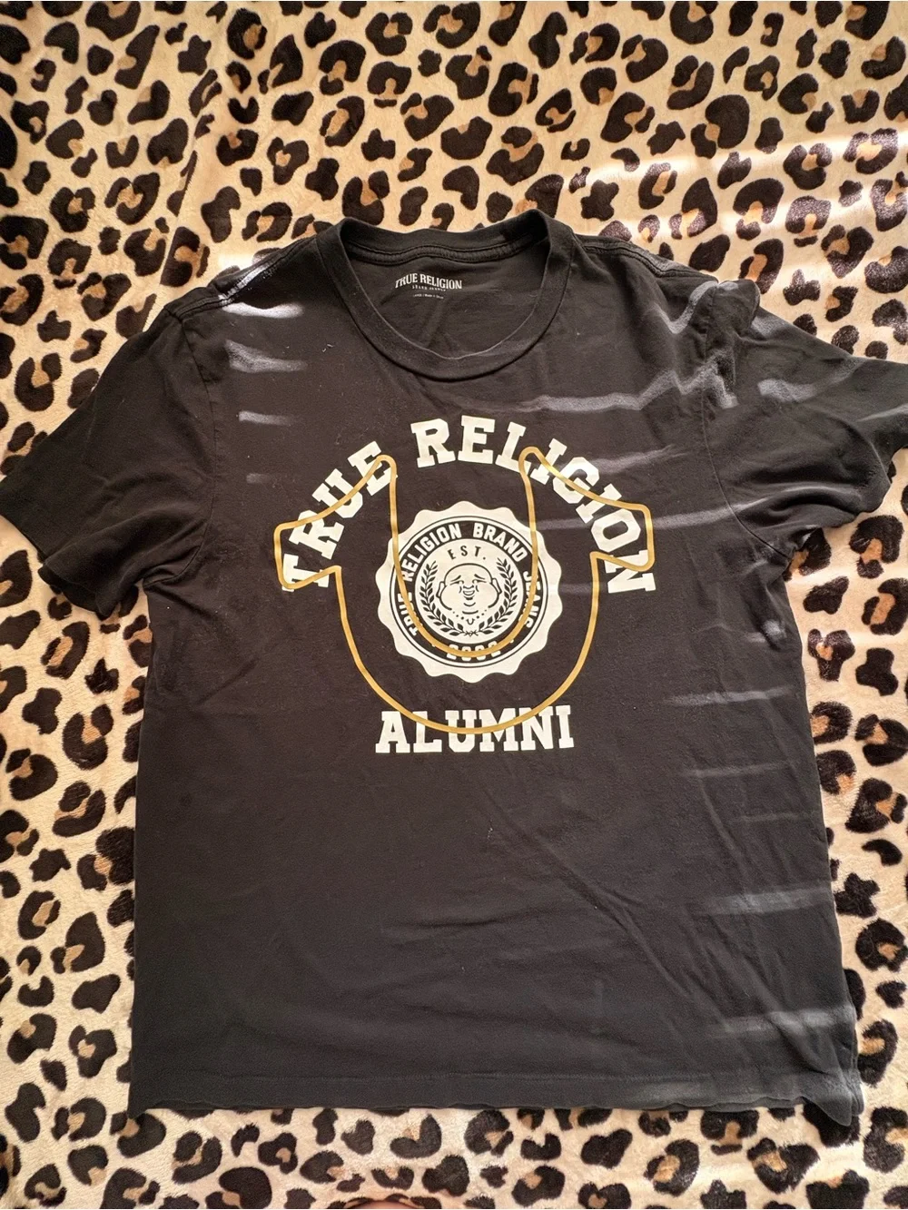True Religion Black Graphic Alumni Tee with Gold Accents